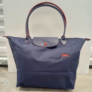 LONGCHAMP Le Pliage Shopping Déposé Large Navy Blue Embroidered Red Trim Bag